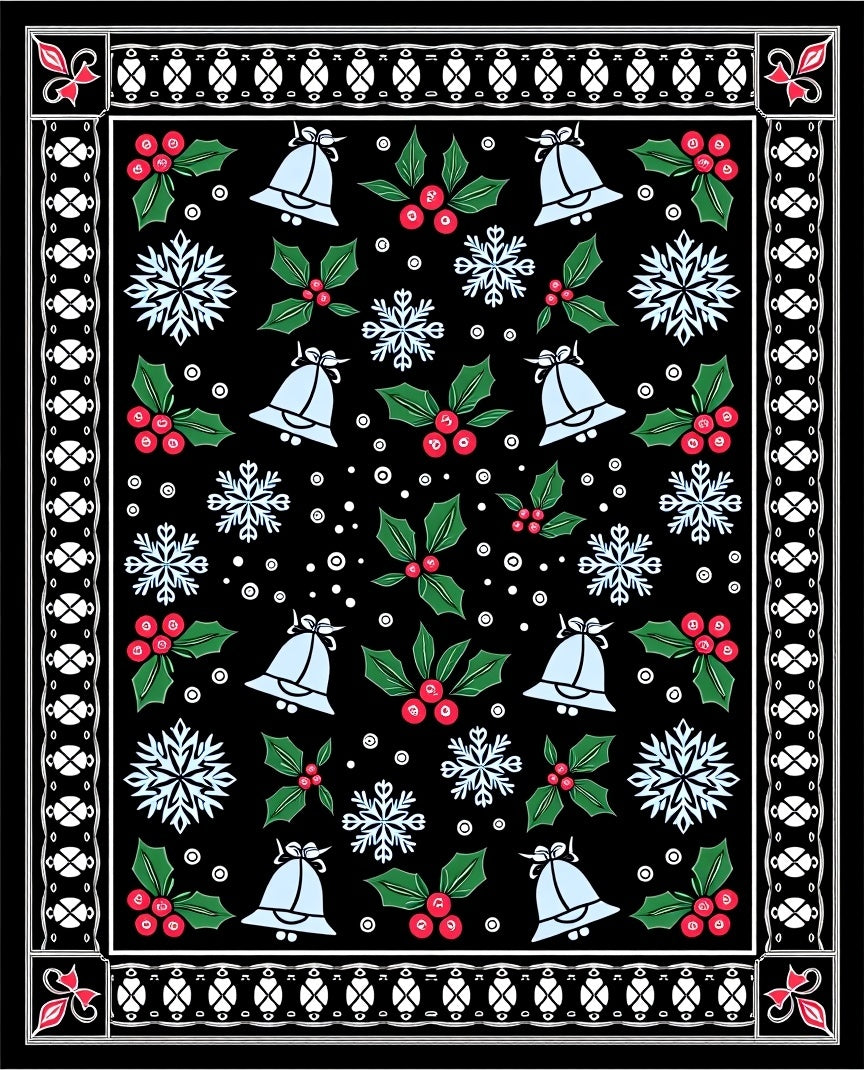 Festive Black Holly Bell Snowflake Rug