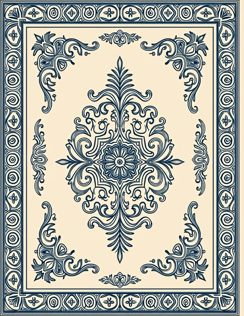Intricate Teal Scrollwork Floral Medallion Rug