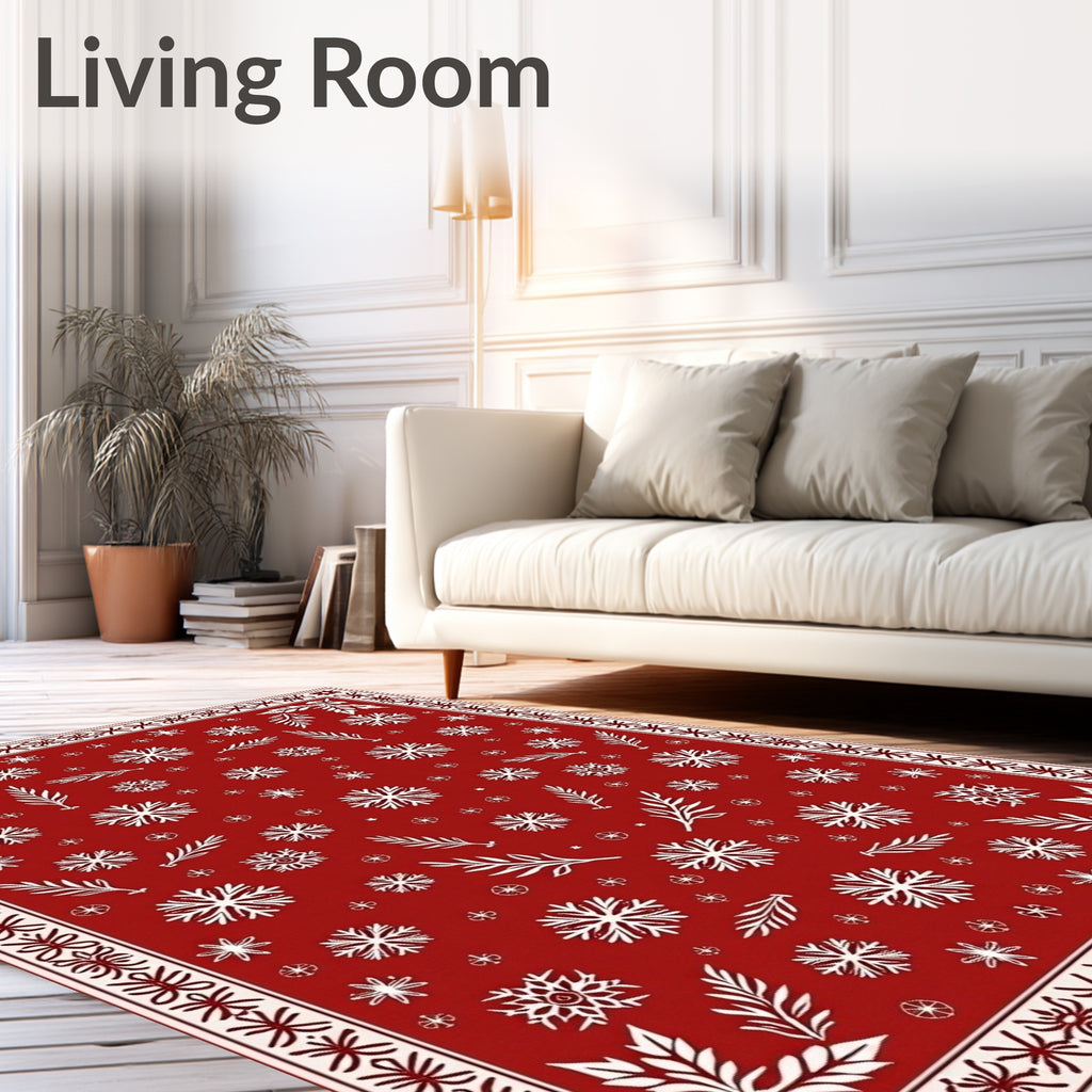Red White Snowflake Floral Pattern Rug
