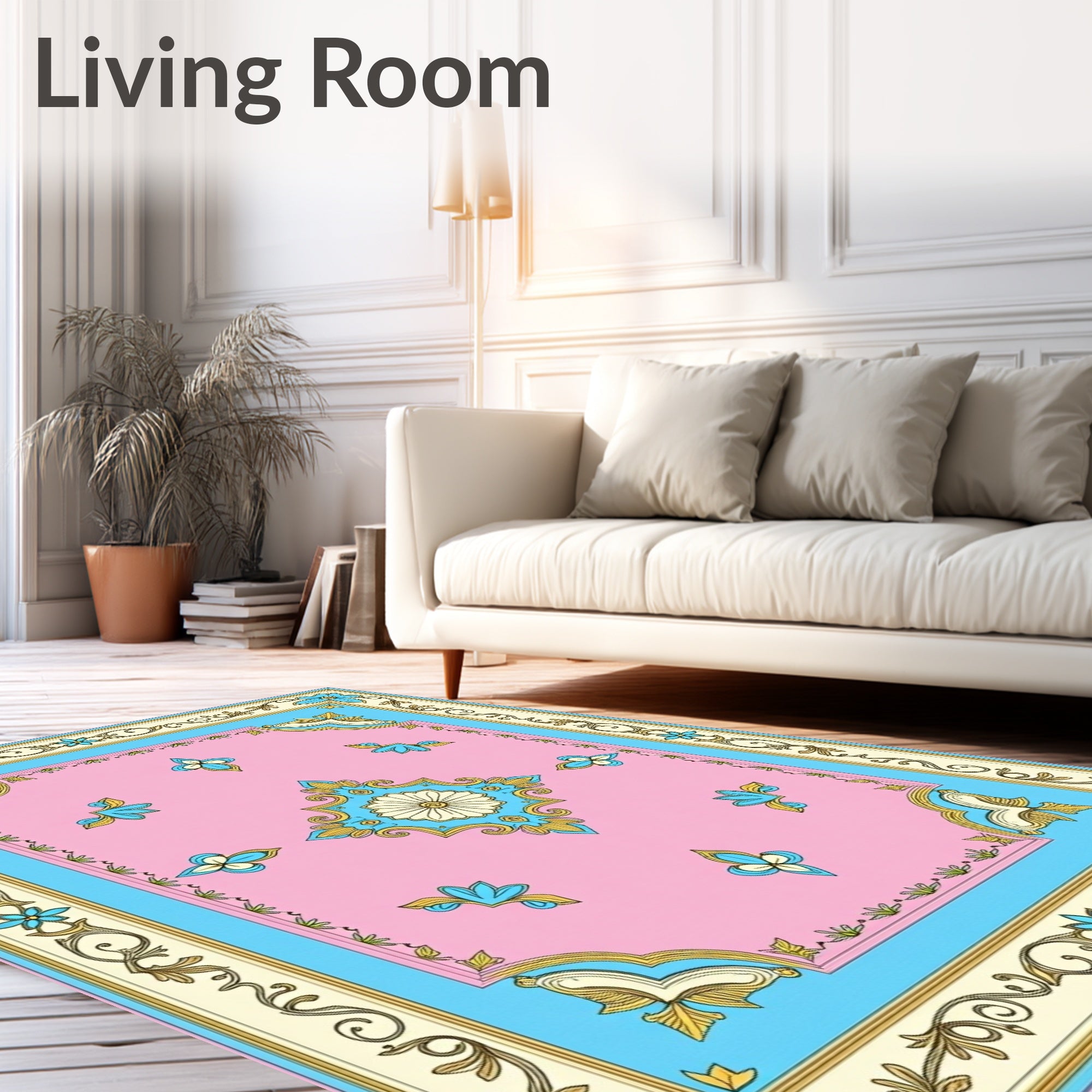 Ornamental Floral Pink Blue Border Rug