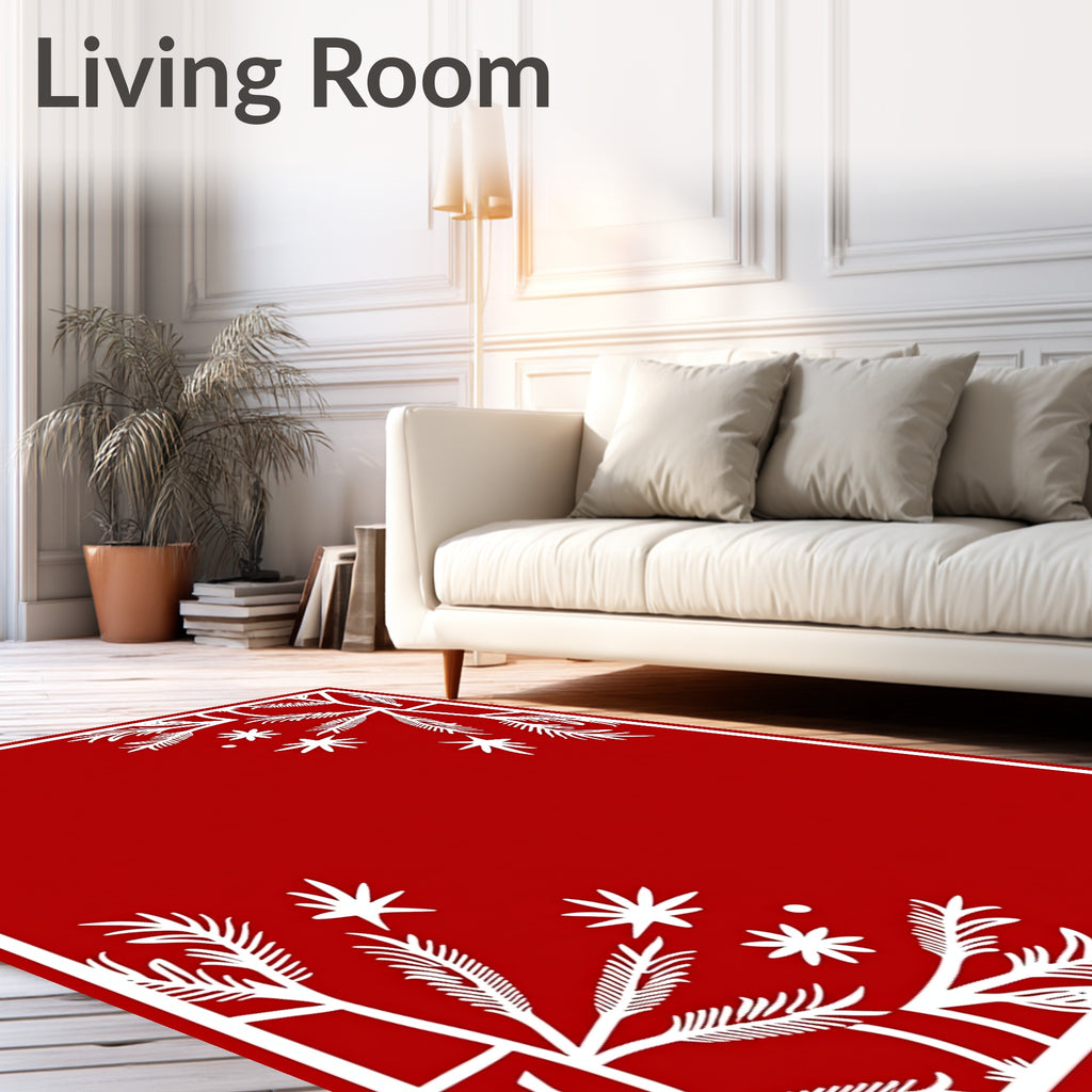 Red White Leafy Snowflake Design Rug