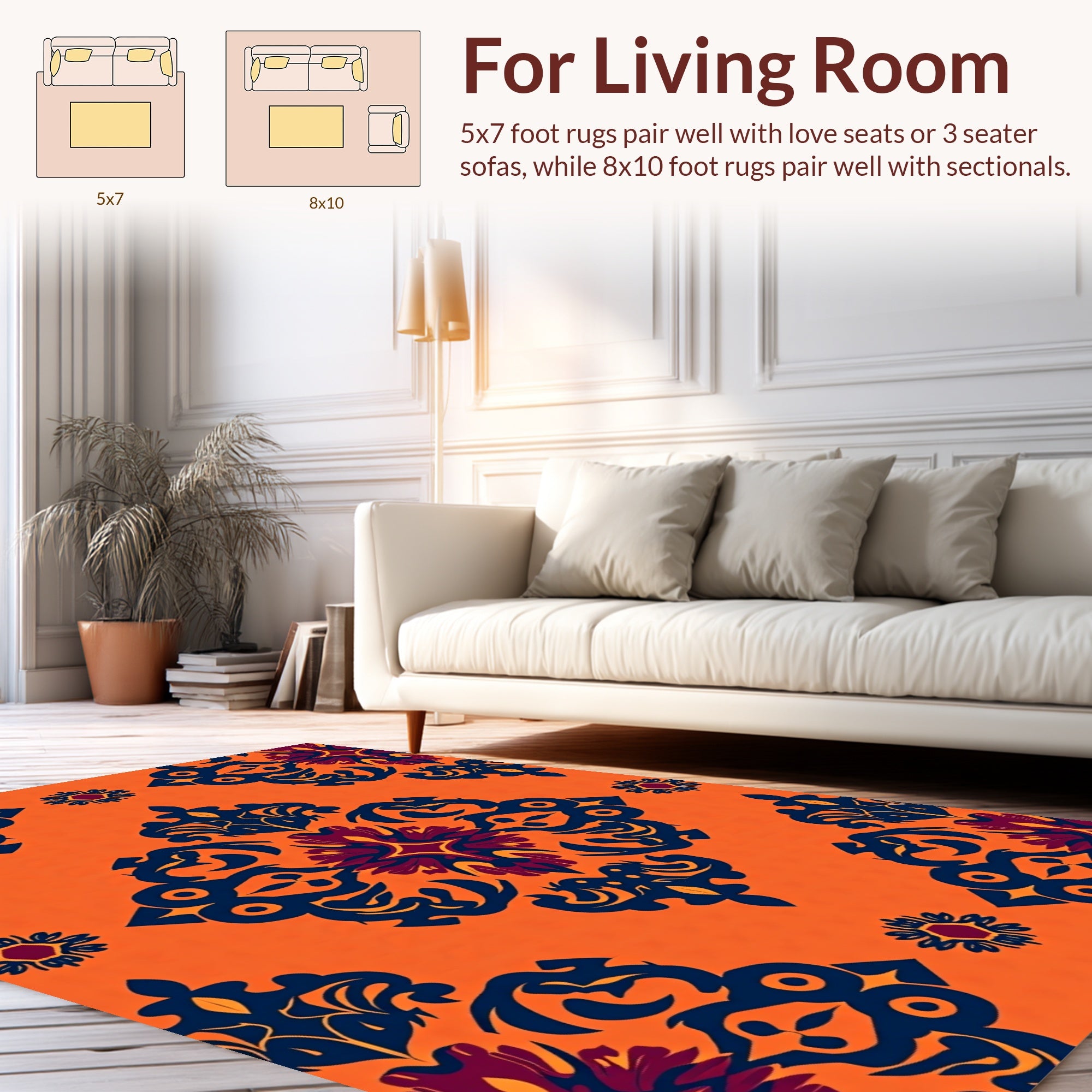 Orange Navy Floral Arabesque Rug