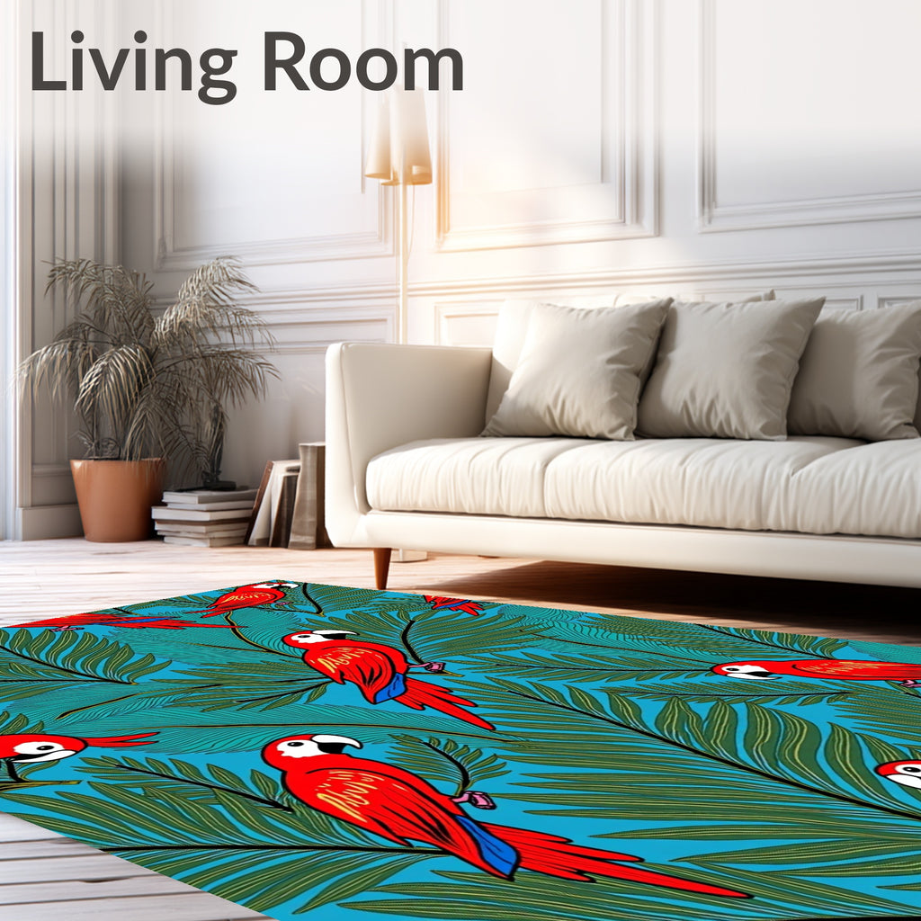 Vibrant Red Macaw Tropical Palm Rug