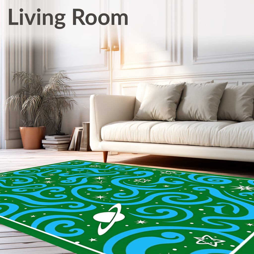 Cosmic Swirl Blue Green Planet Stars Rug