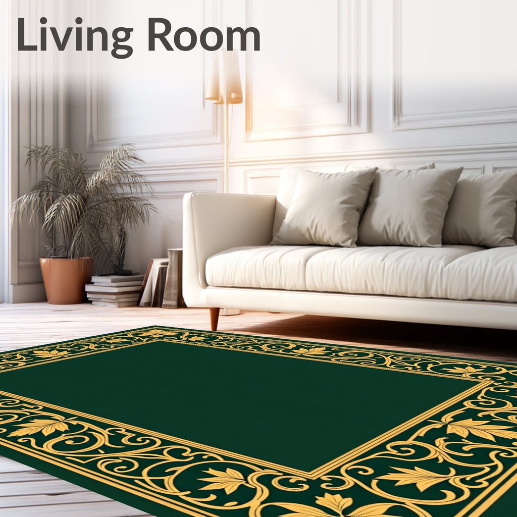 Ornate Golden Leaf Border Design Rug