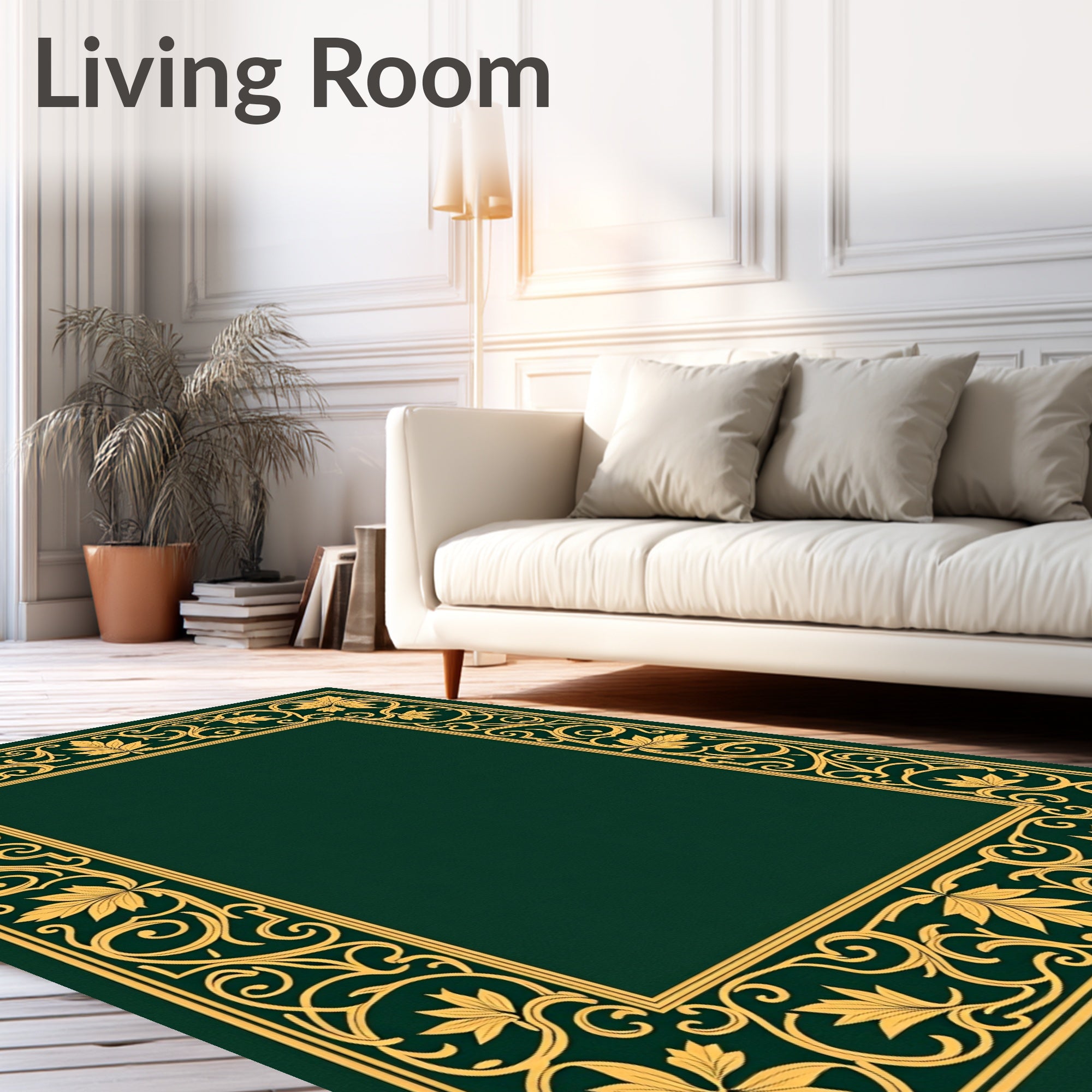 Ornate Golden Leaf Border Design Rug