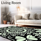 Intricate Floral Mandala Black and Light Green Rug