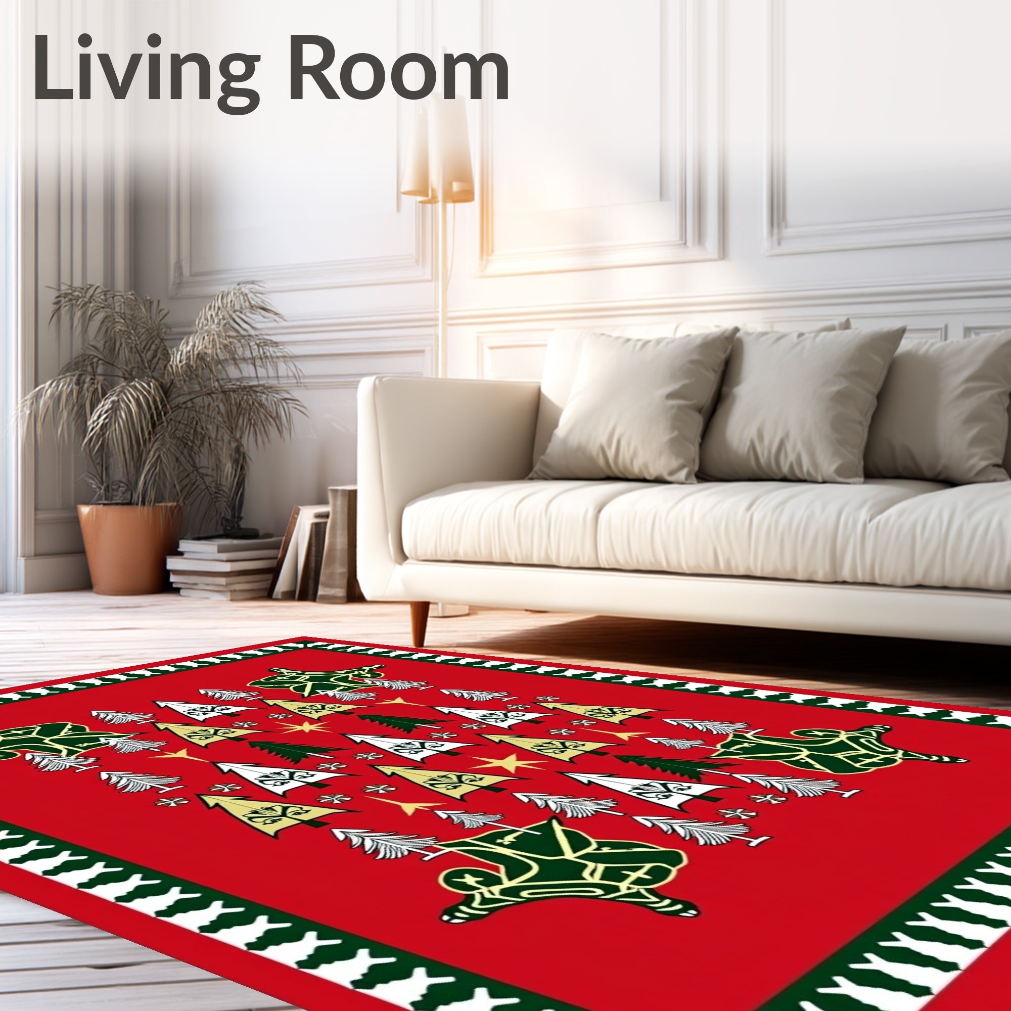 Red Festive Trees Animals Design Rug