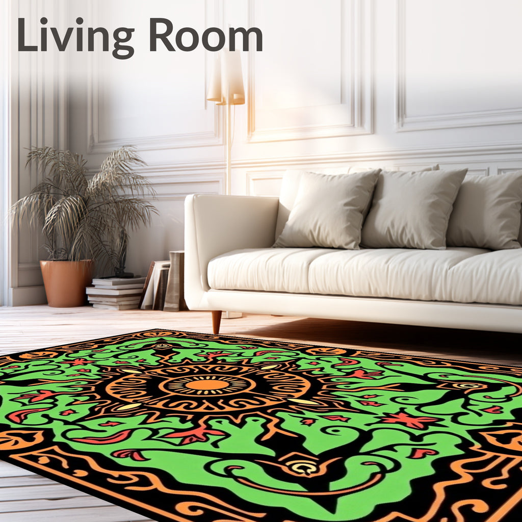 Green Orange Black Floral Sun Pattern Rug