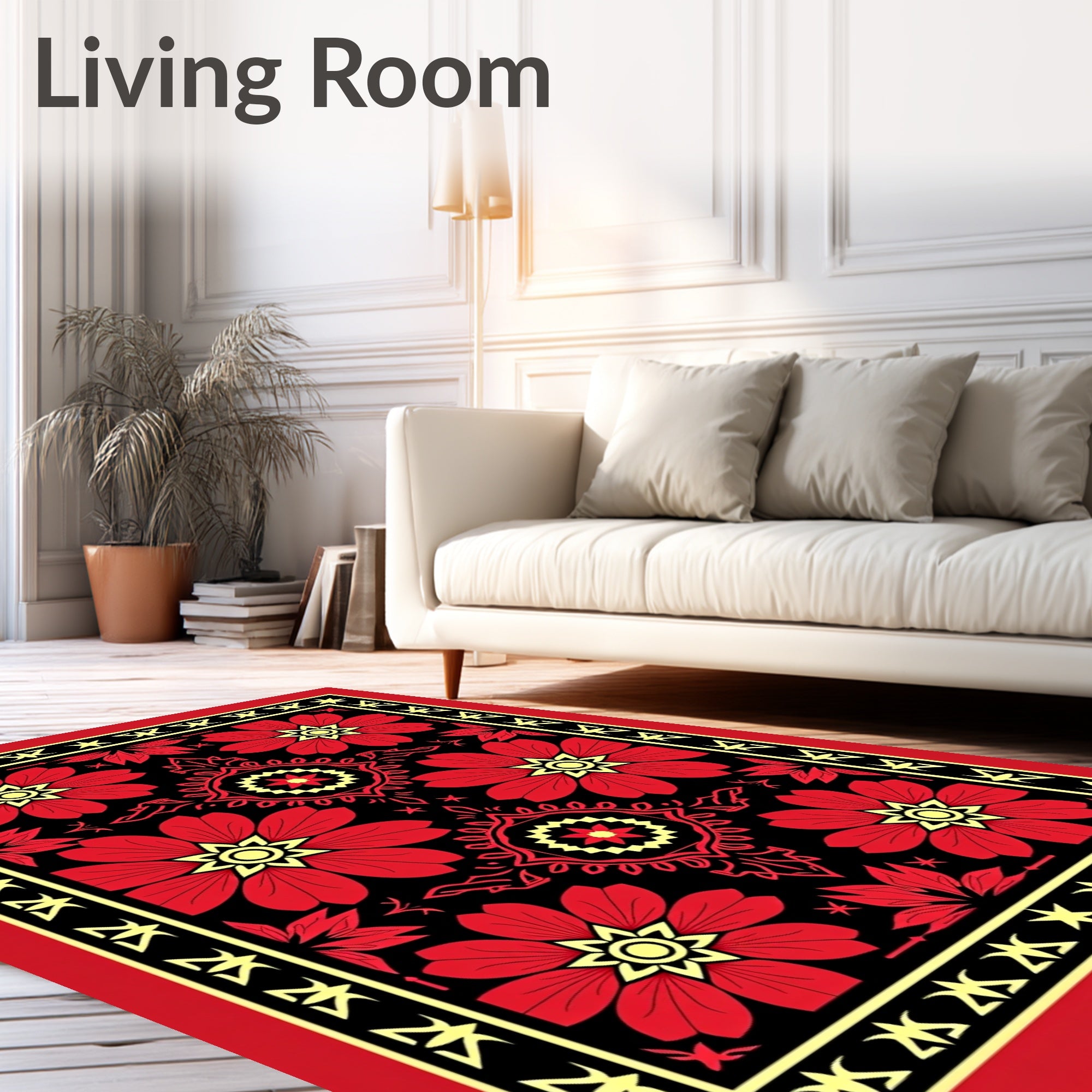 Bold Red Floral Geometric Design Rug