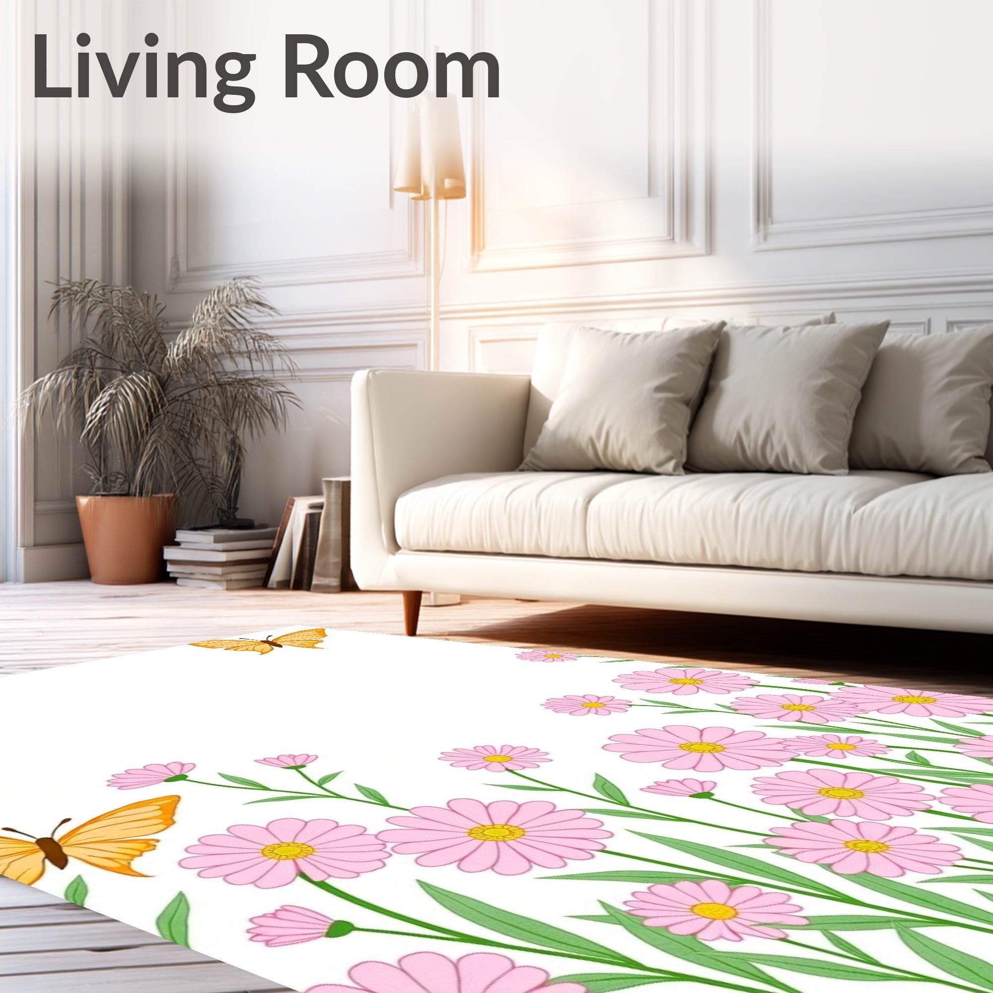 Pink Daisy Butterflies Garden Pattern Rug