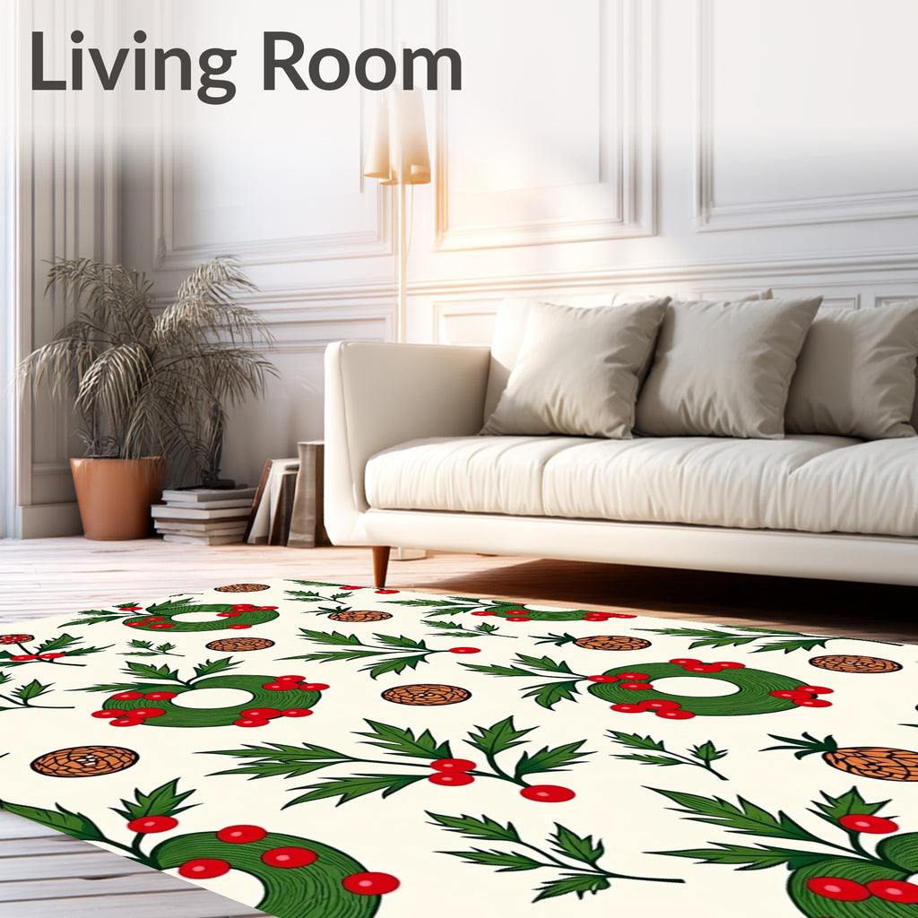 Green Holly Wreaths with Berries Pattern Rug