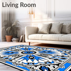 Intricate Blue And White Geometric Design Rug
