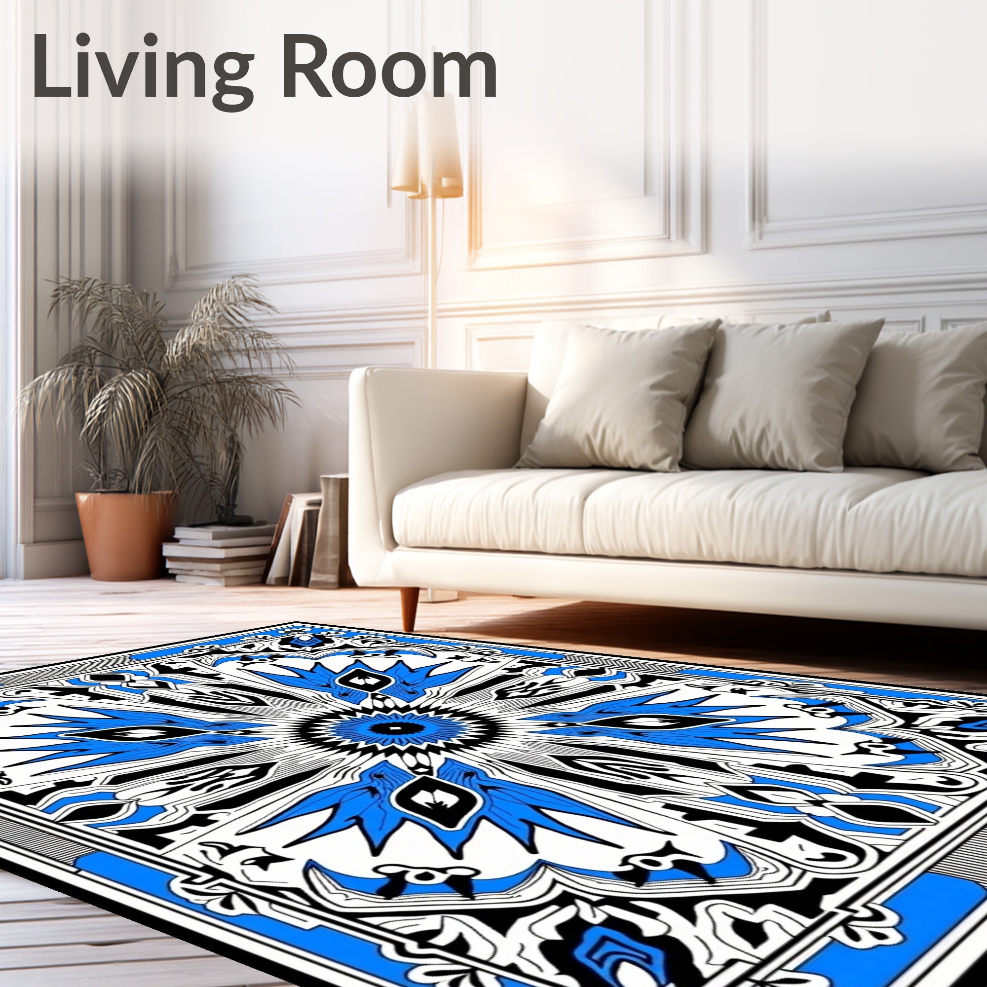 Intricate Blue And White Geometric Design Rug