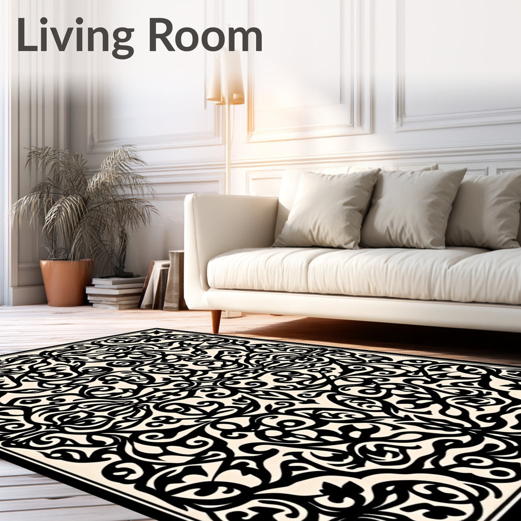 Intricate Black Cream Scroll Pattern Rug