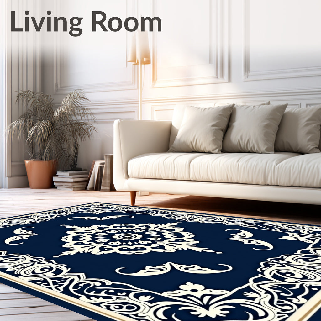 Elegant Ivory Scrollwork Navy Rug