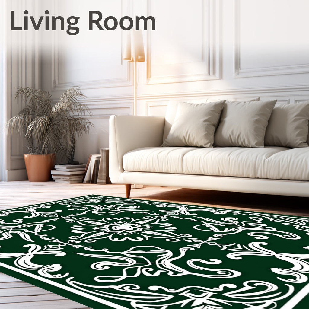 Classic Scrollwork Dark Green White Pattern Rug