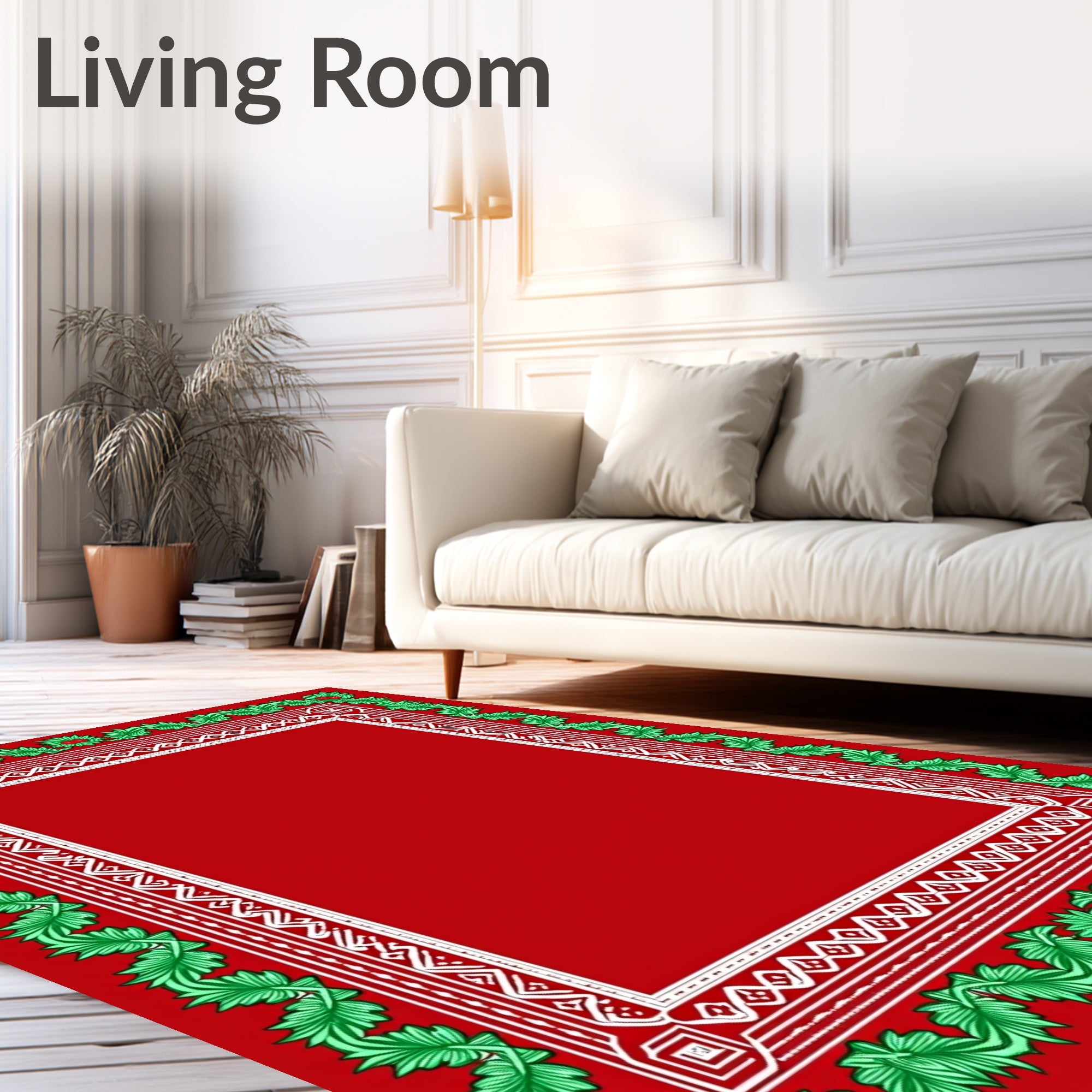 Red Green Leaf Holly Border Design Rug