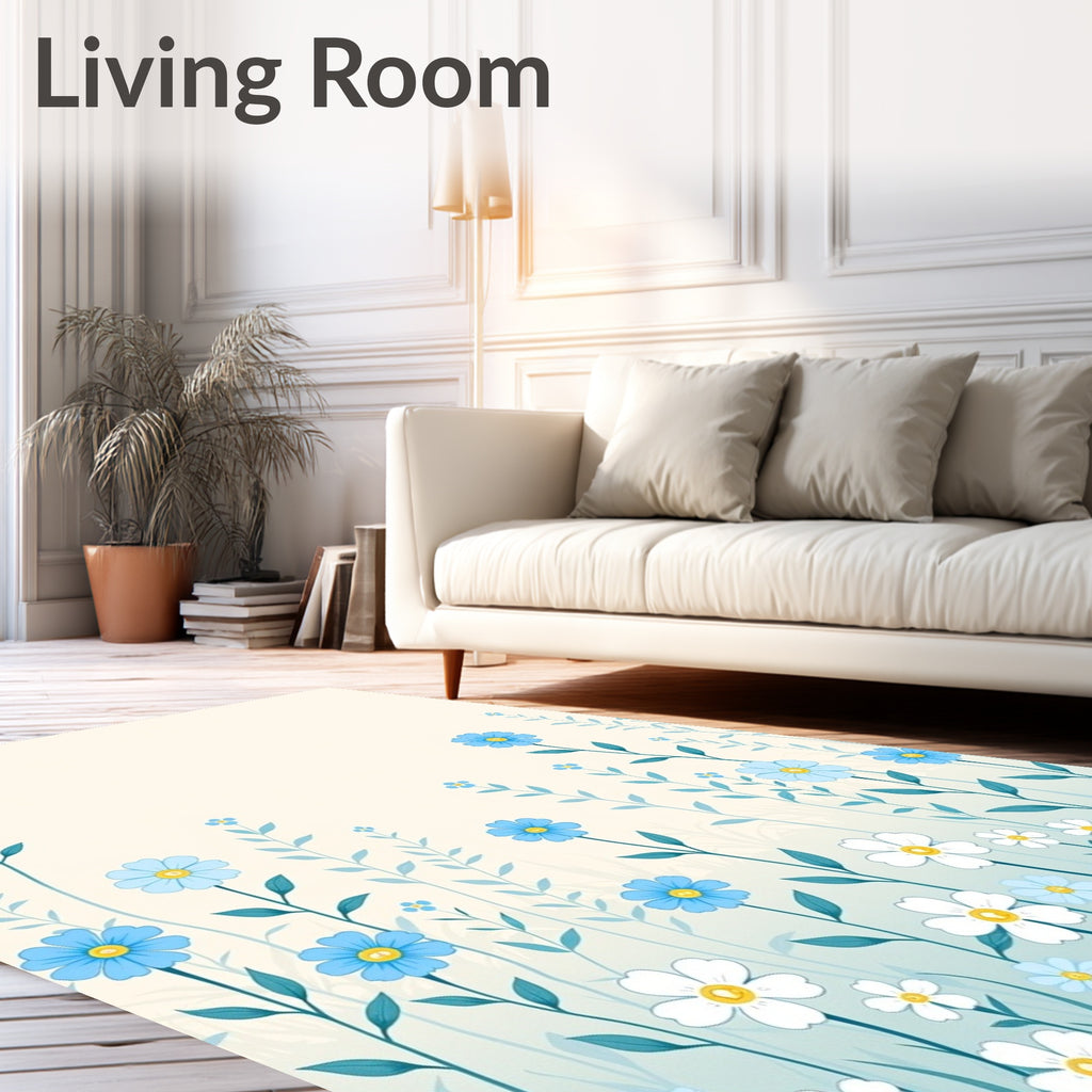 Delicate Blue White Floral Field Rug