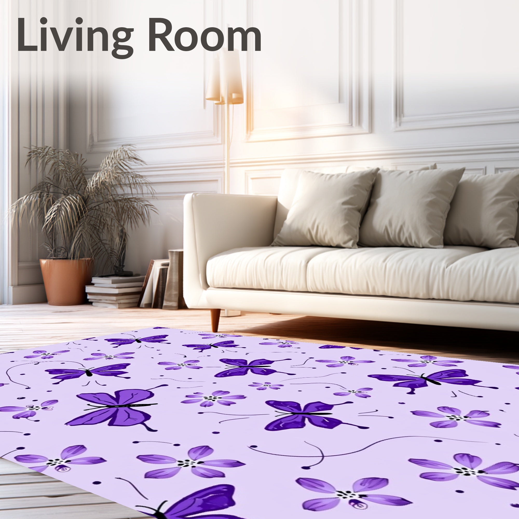 Purple Butterfly and Floral Pattern Rug