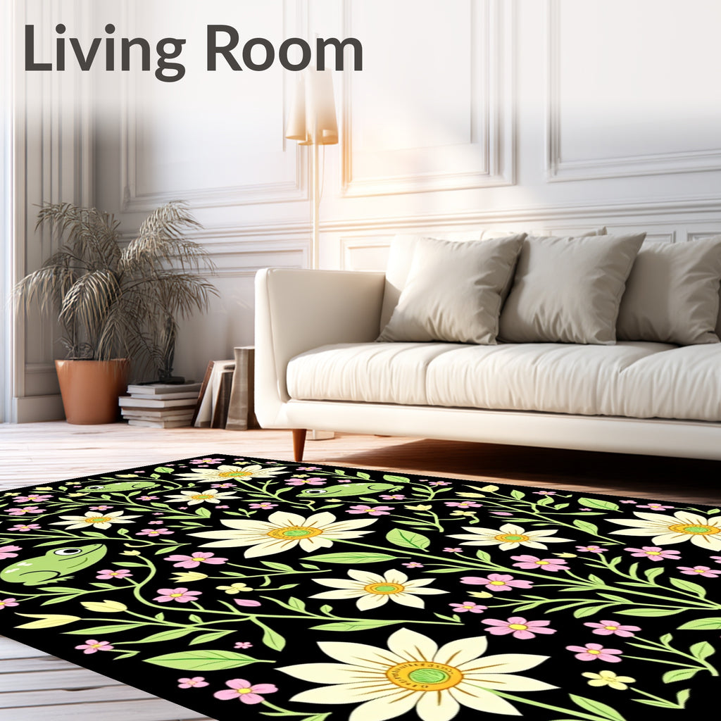Whimsical Green Frog Floral Garden Rug