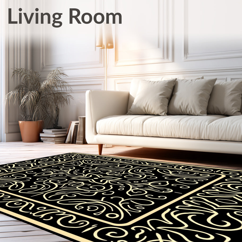 Ornate Gold Line Art Scrollwork Rug