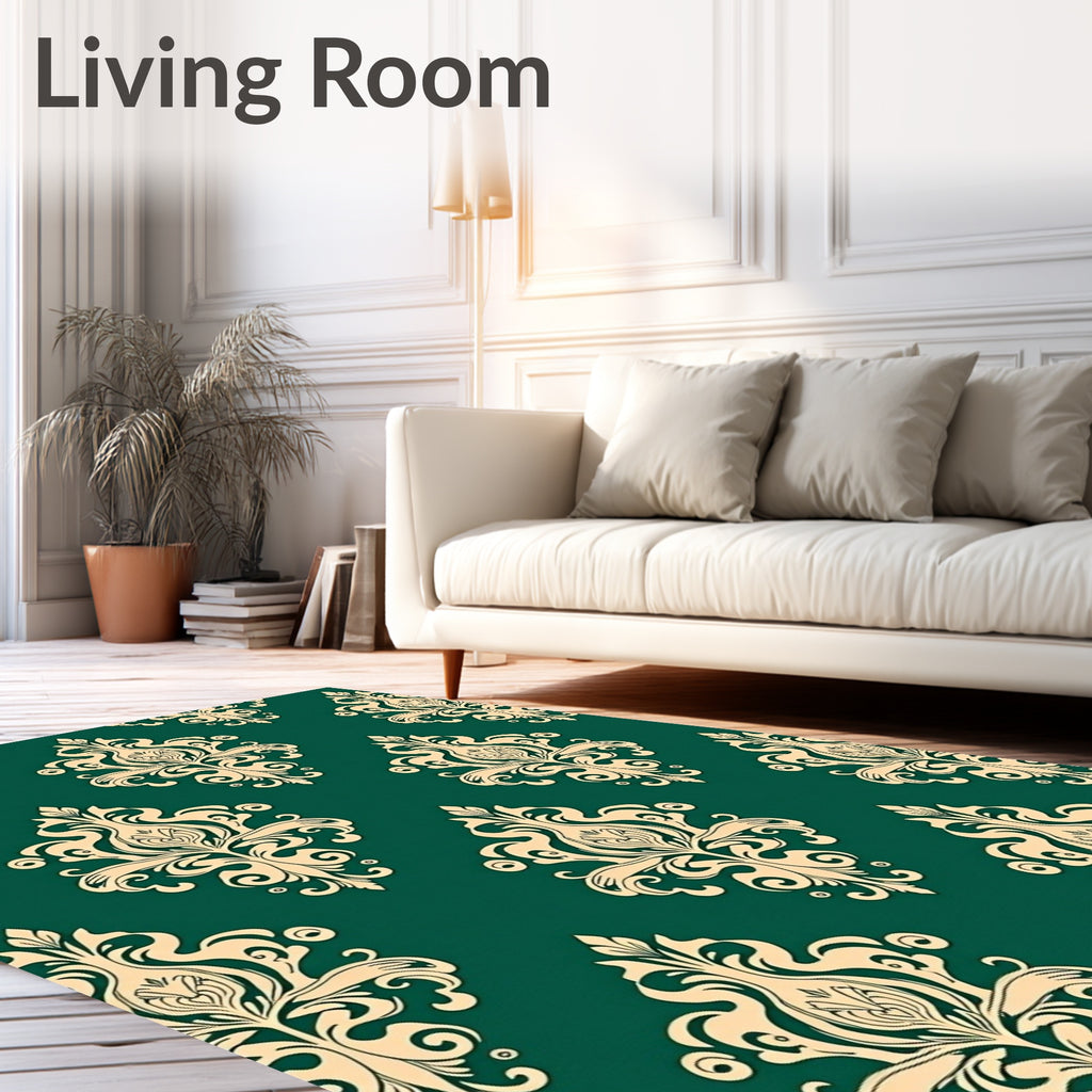 Cream Damask Emerald Green Baroque Ornament Rug