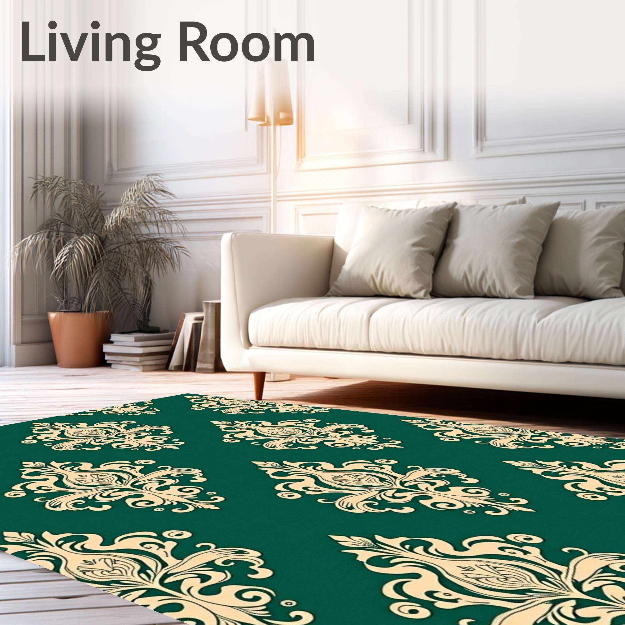 Cream Damask Emerald Green Baroque Ornament Rug