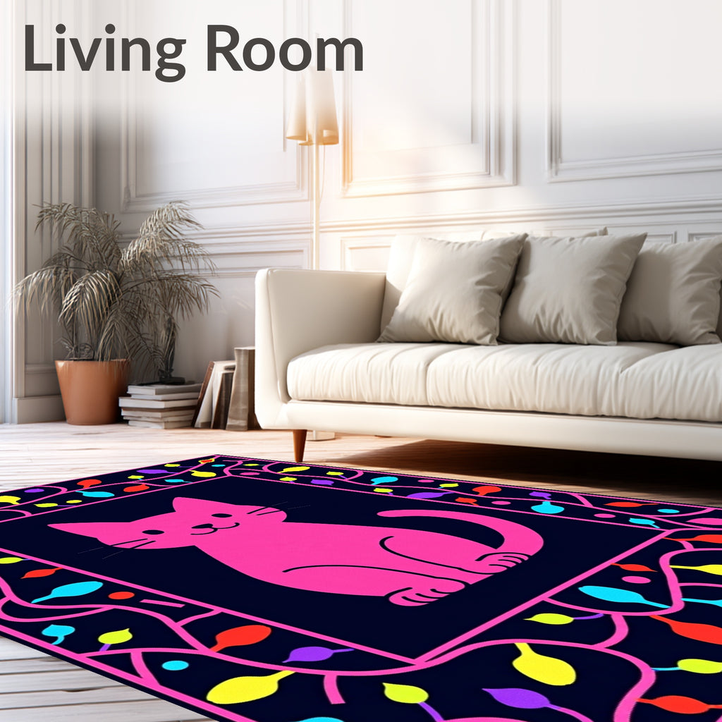 Playful Pink Cat Tropical Leaves Rug