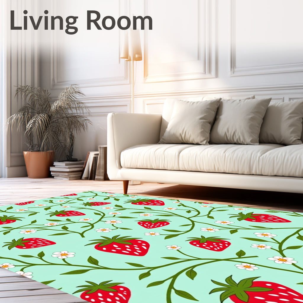 Red Strawberry Vines With White Flowers Rug