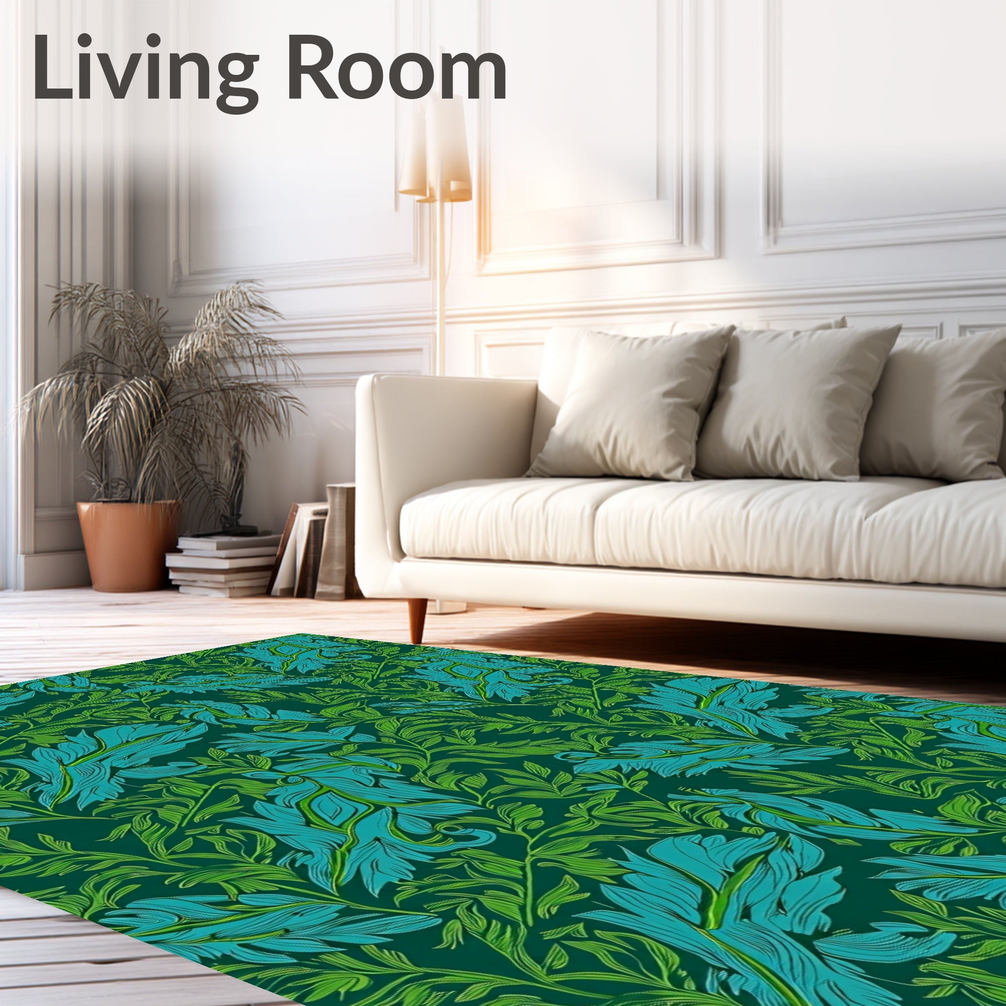 Emerald Teal Leafy Botanical Scroll Rug