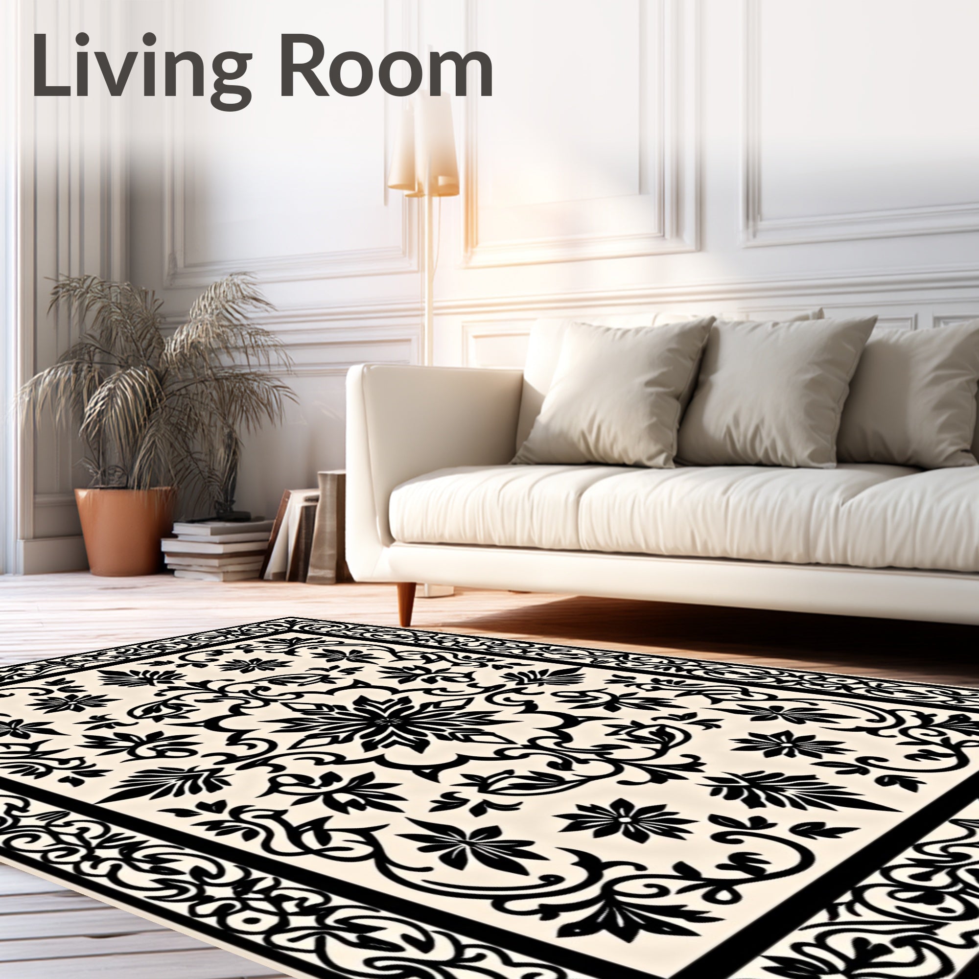 Elegant Black Floral Scrollwork Design Rug