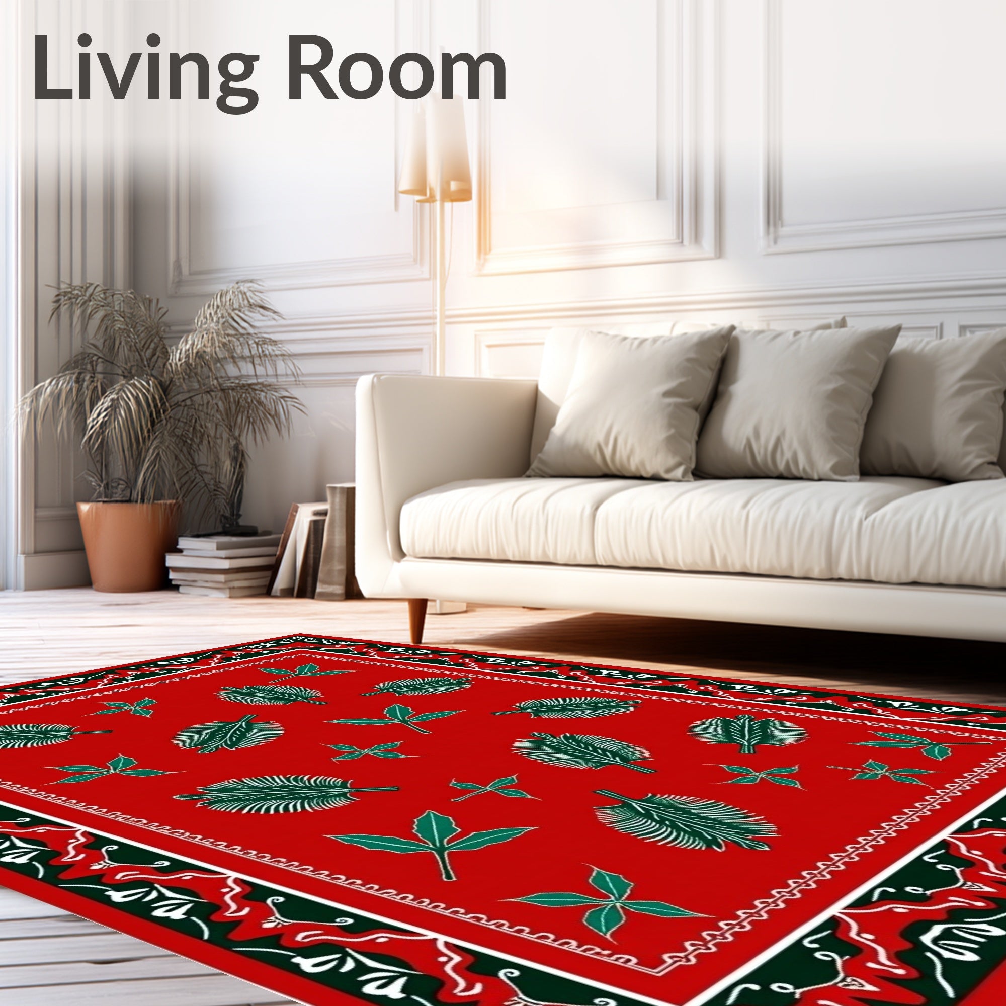 Bold Red Green Leaf Border Rug