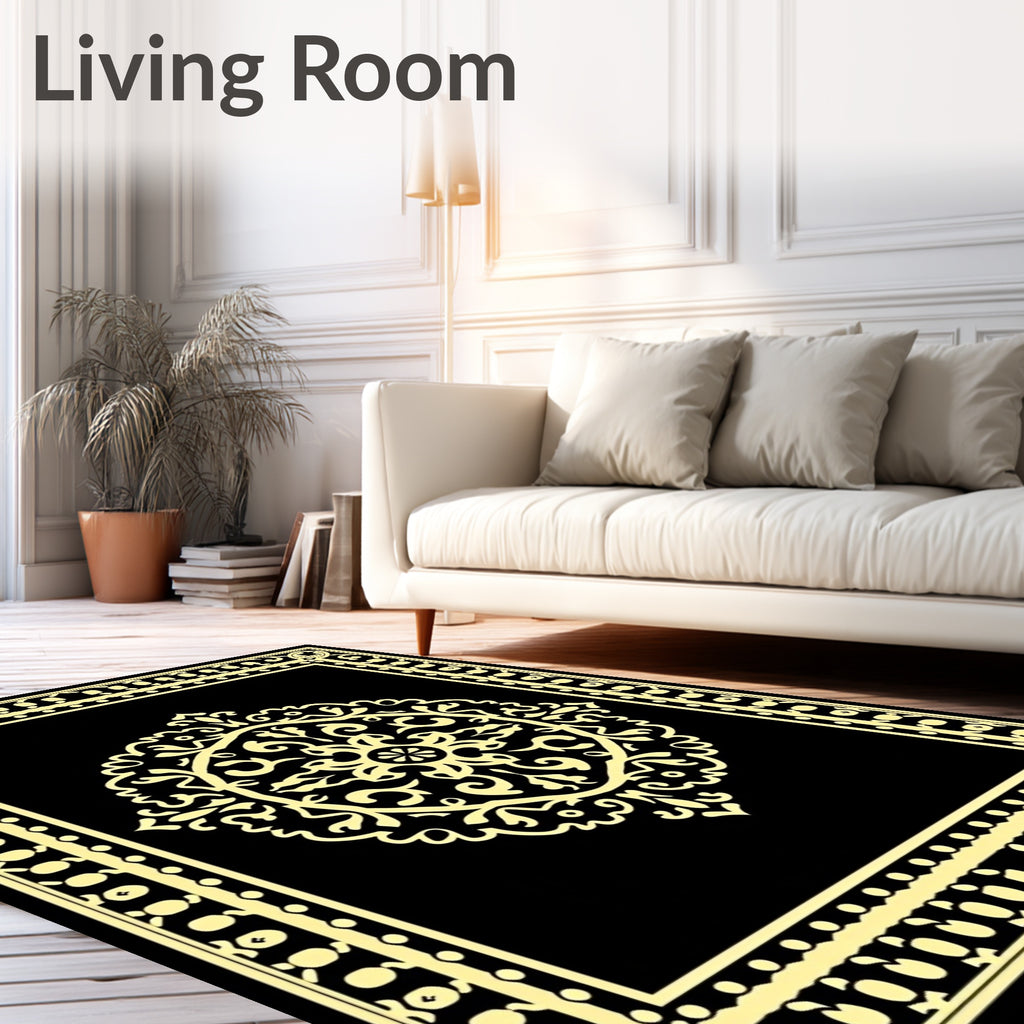 Elegant Black Yellow Ornamental Design Rug