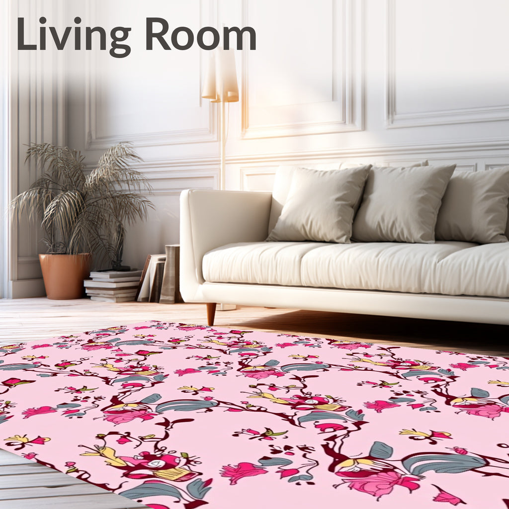 Pink Floral Branch Pattern Rug