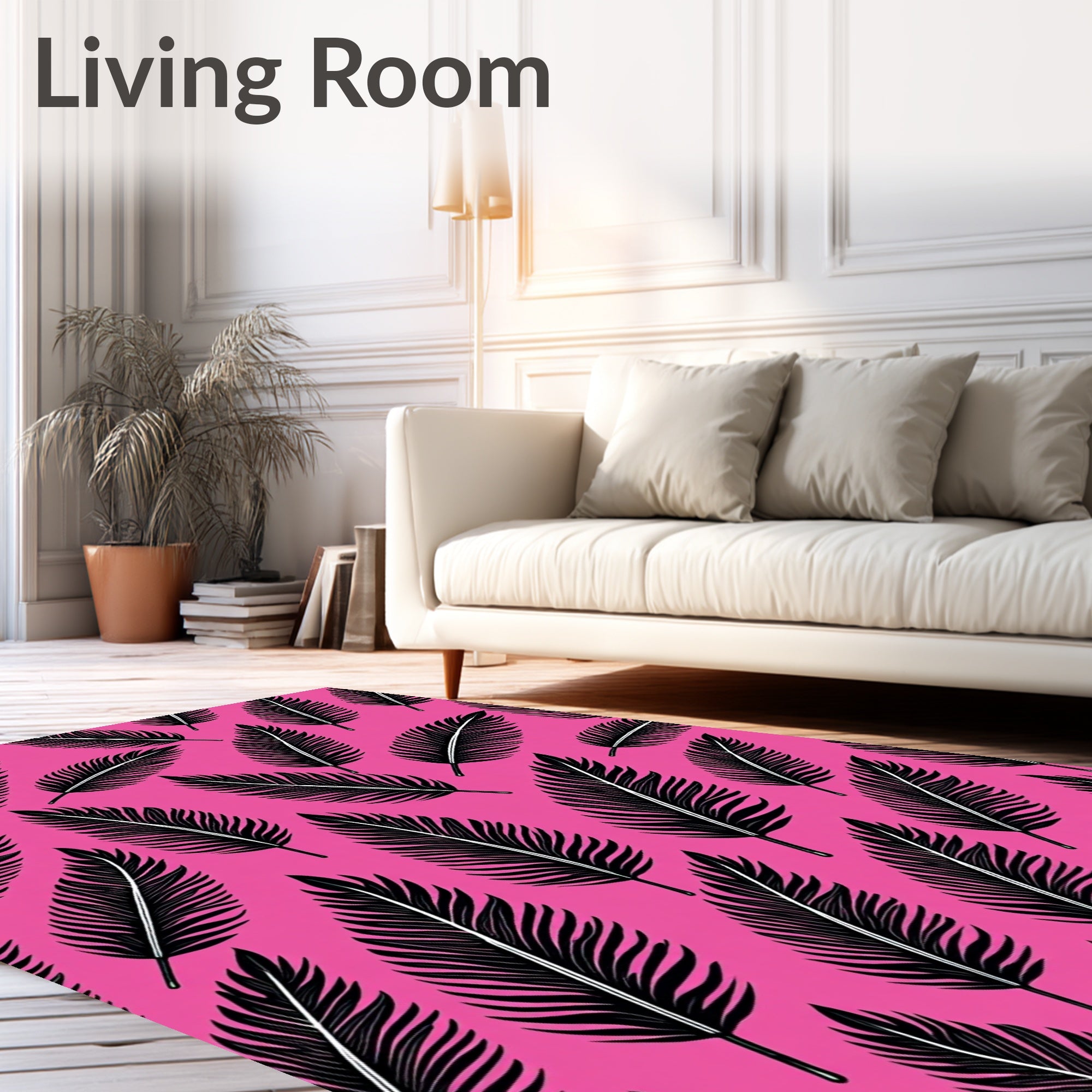 Black Feather Patterned Pink Rug