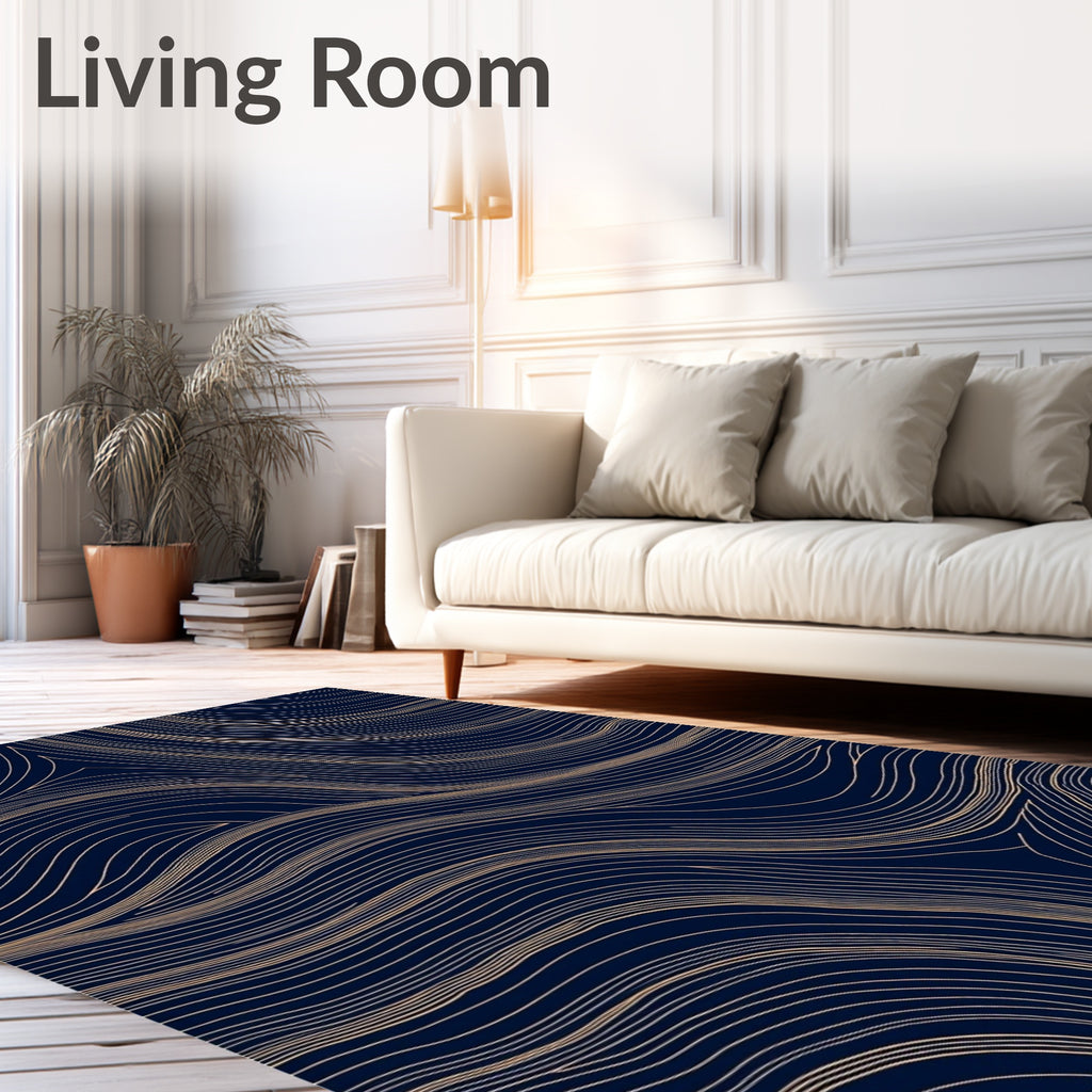 Navy Gold Linear Wave Pattern Rug