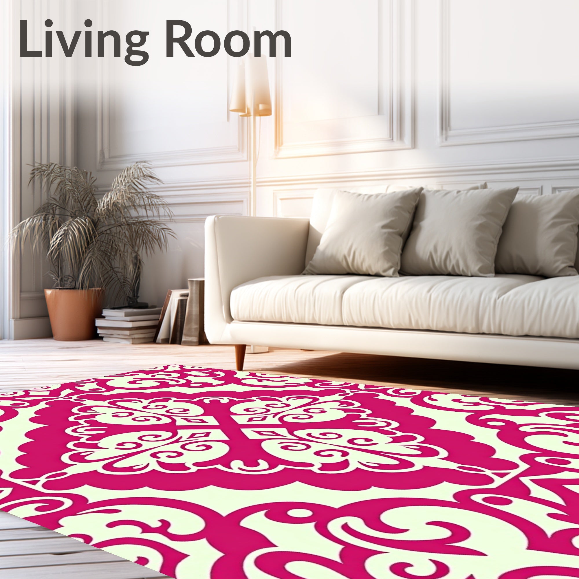Fuchsia Damask Scroll Pattern Rug