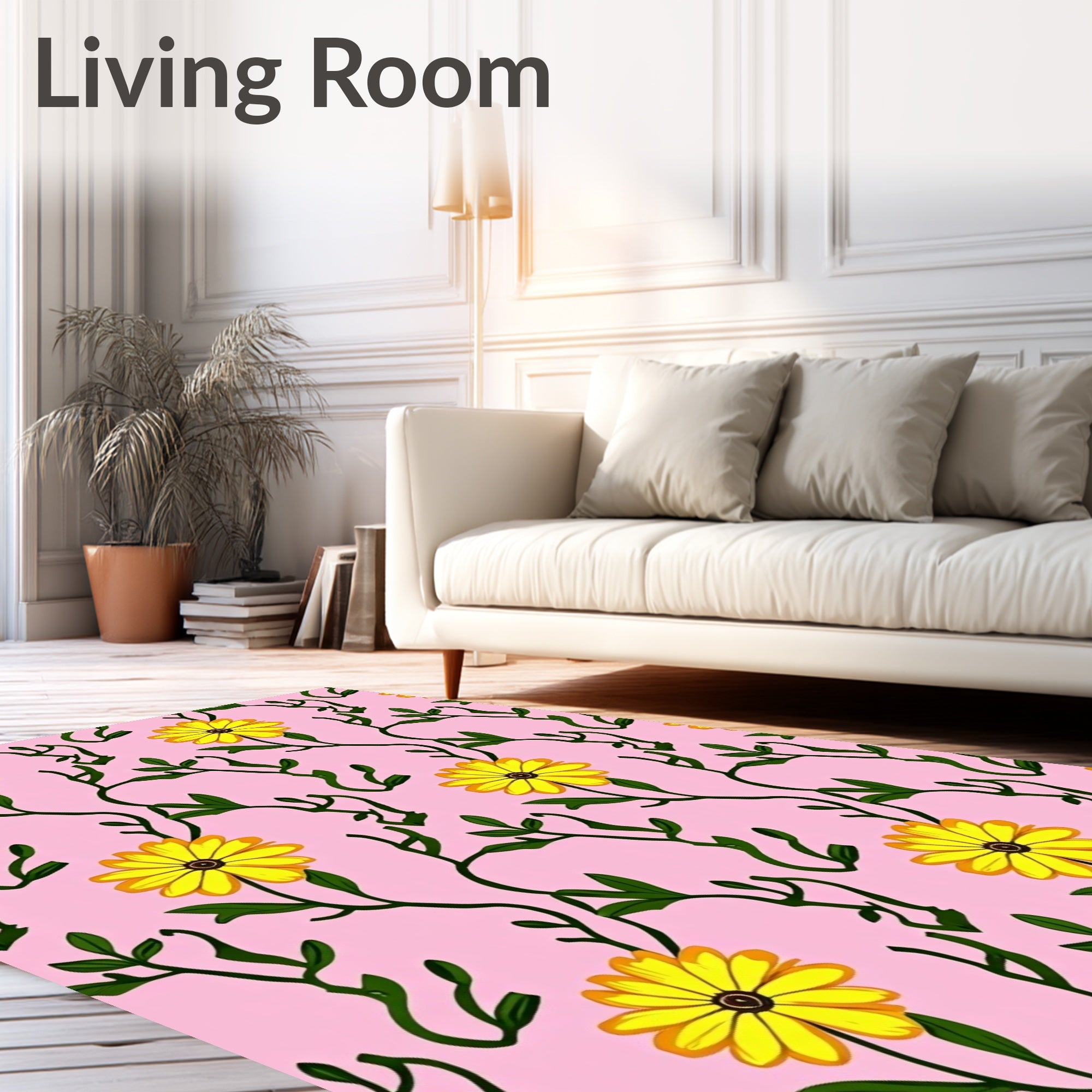 Vibrant Yellow Flower Vine Pattern Rug
