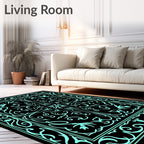 Aqua Black Ornate Floral Border Rug