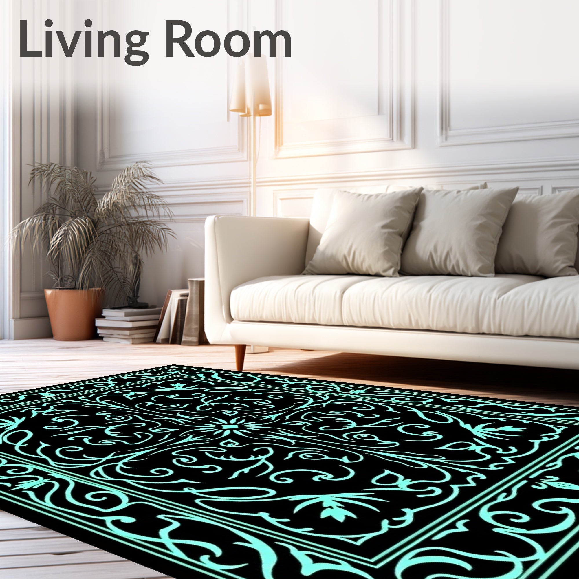 Aqua Black Ornate Floral Border Rug