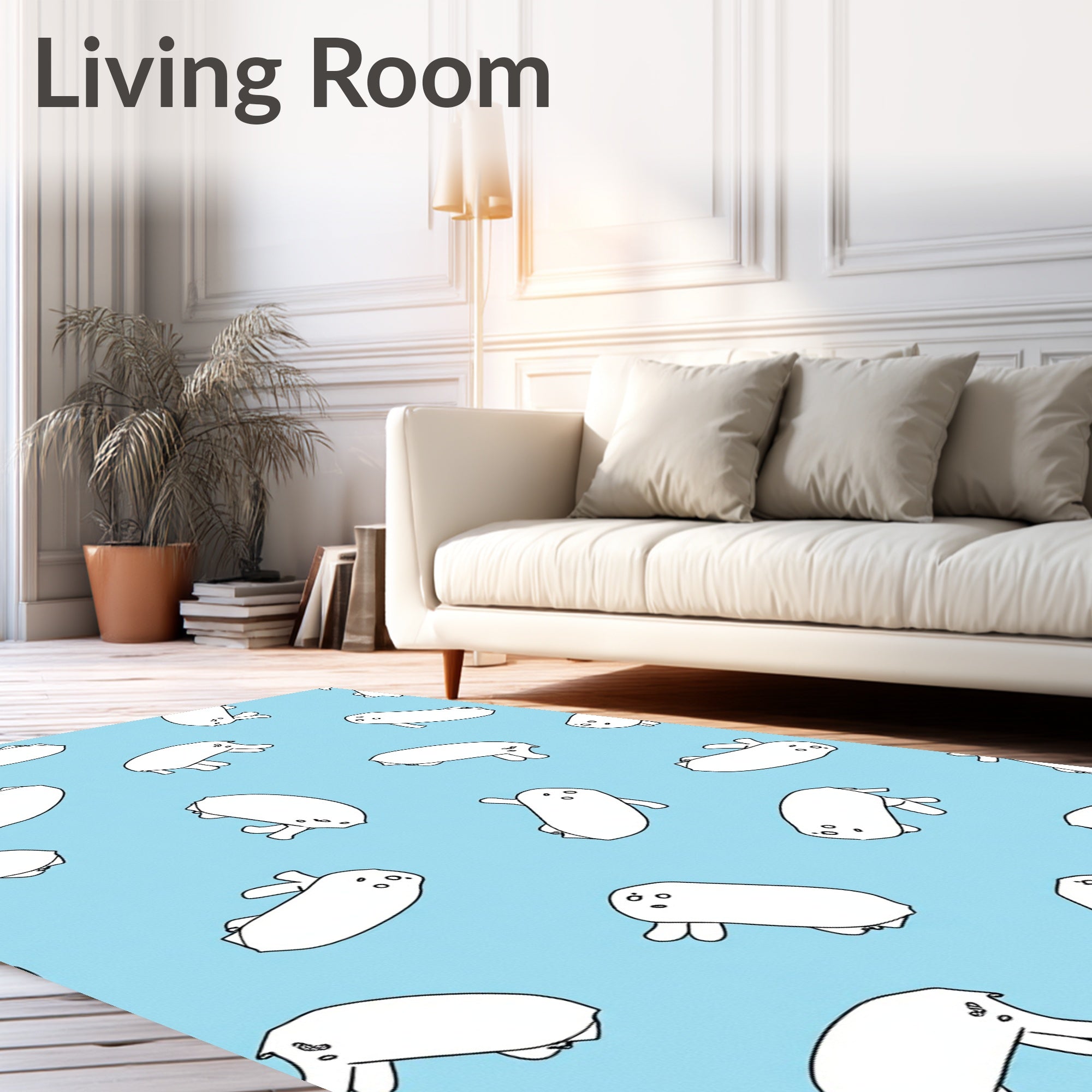 Cute White Animal Pattern Blue Background Rug