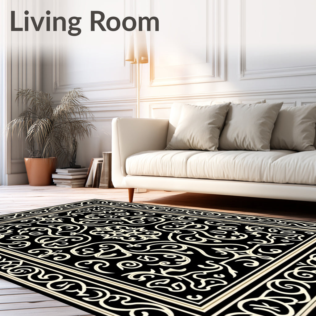 Black Ivory Ornamental Scroll Rug