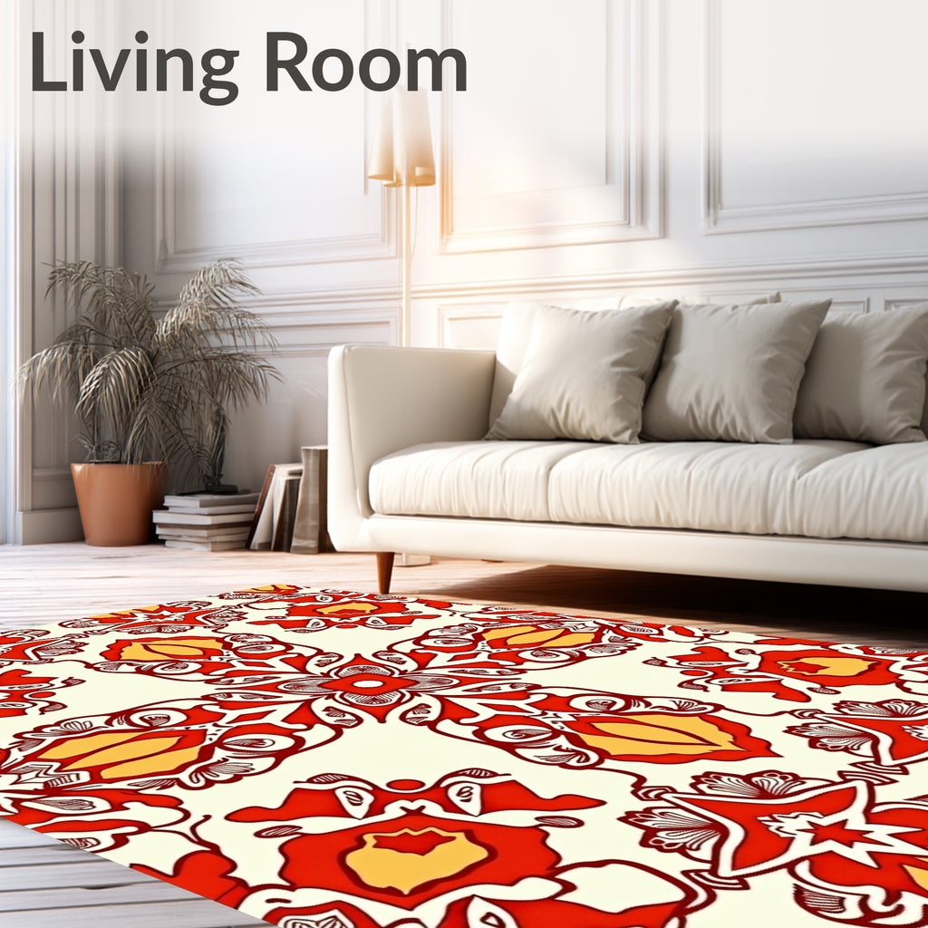 Red Yellow Floral Medallion Pattern Rug