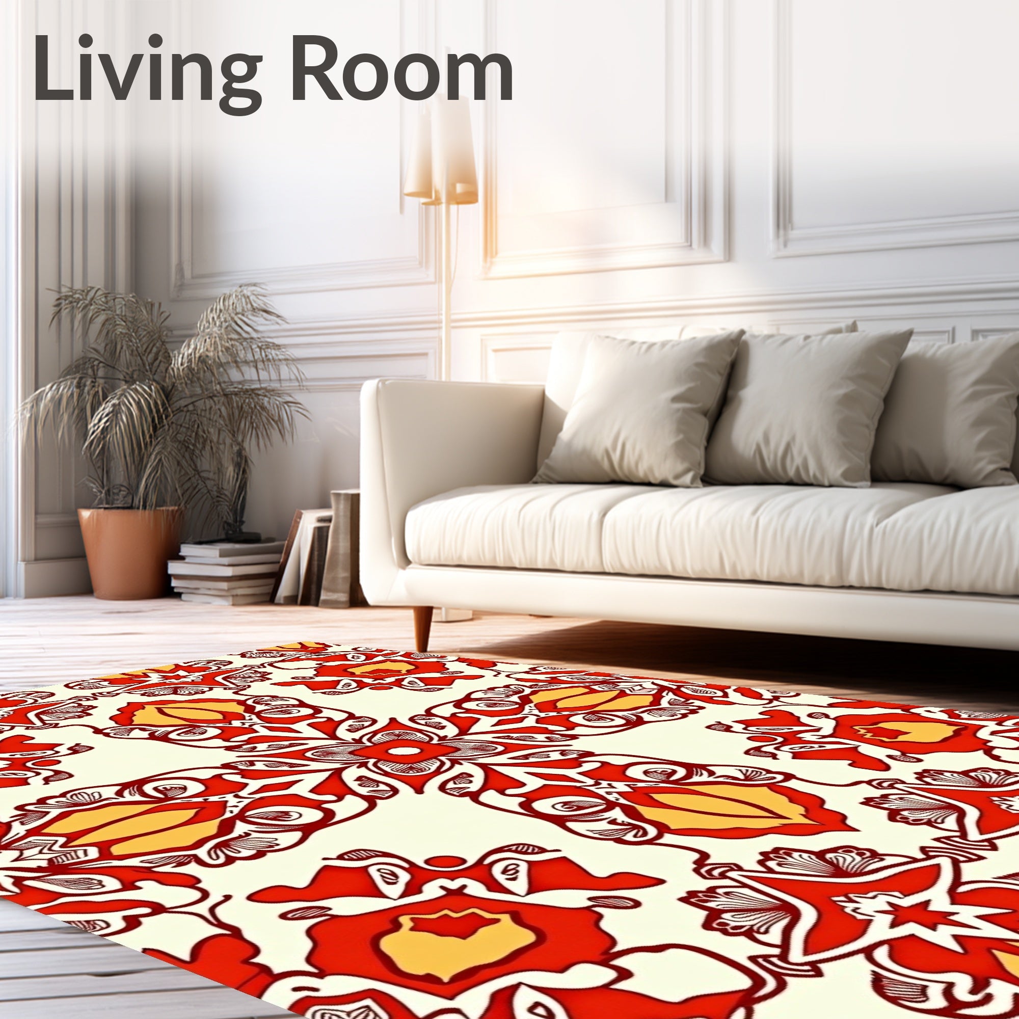 Red Yellow Floral Medallion Pattern Rug