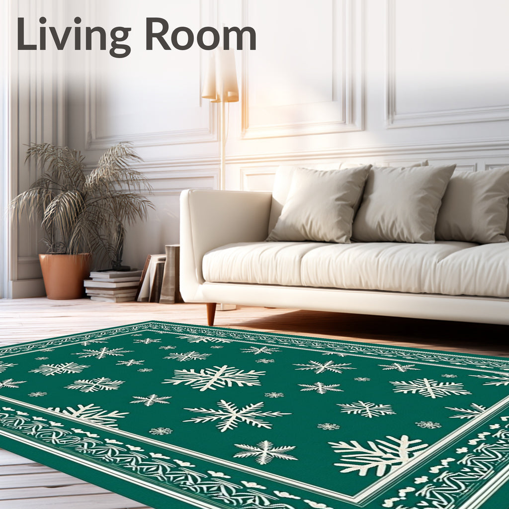 Winter Snowflake Patterned Emerald Rug