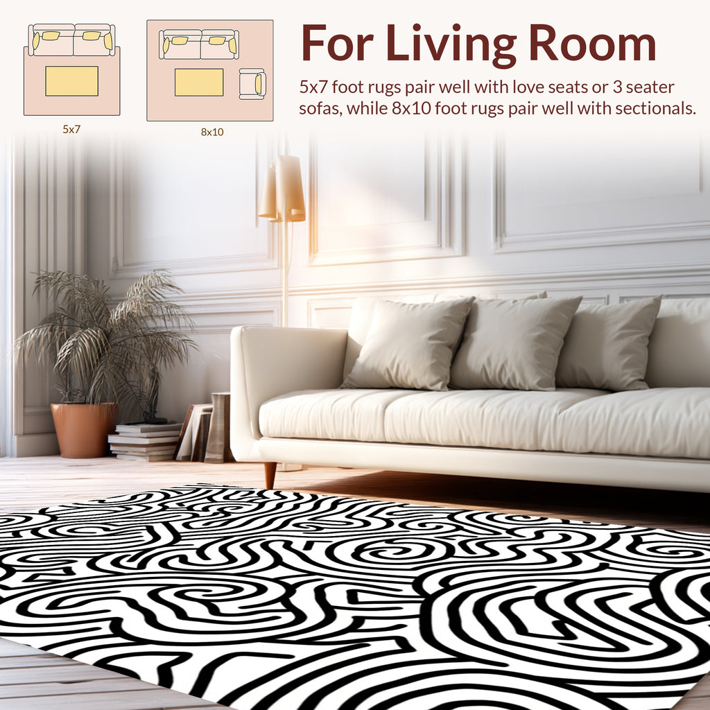 Black White Swirling Lines Pattern Rug