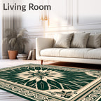 Dark Green Cream Floral Mandala Pattern Rug