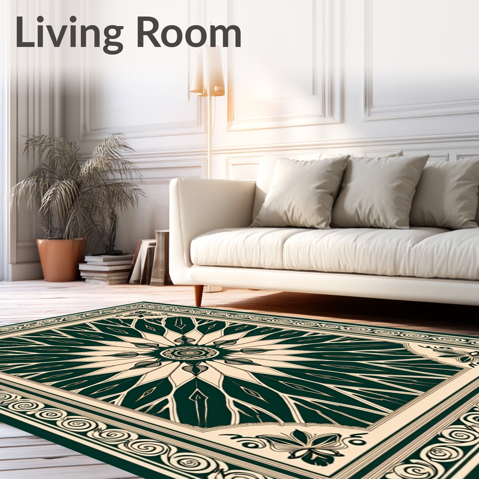 Dark Green Cream Floral Mandala Pattern Rug