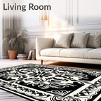 Black and Cream Ornamental Medallion Design Rug